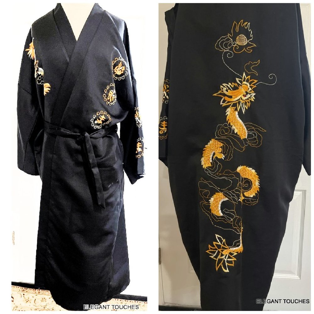 Kimono Black Robe w/ Gold Tai Dragon Embroidery Belted Asian OS Unisex VGT Y2K M